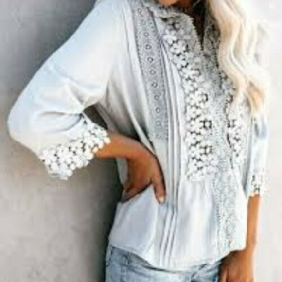 New Grey Lace Button Front Blouse Top Bohemian Western Dress Causal Vintage - Picture 4 of 7
